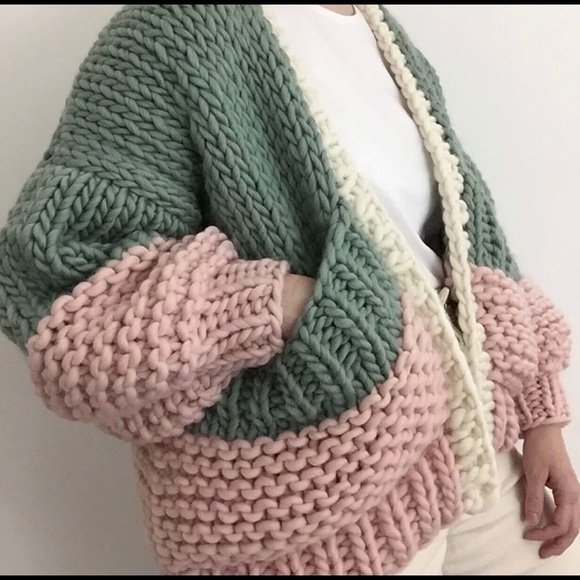 Cardigan sweater boho knit puff sleeve thick chic chunky green pink - Picture 4 of 14